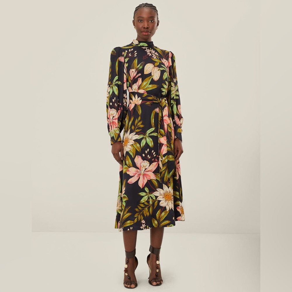 Farm Rio Black Surreal Flowers High Neck Midi Dress